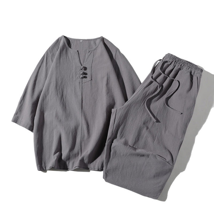 Buddha Stones2枚組 無地ノッチカラーTシャツ ワイドレッグショーツ ポケット付き メンズ瞑想服セット - 銀 - US/UK/AU46、 EU56 (5XL) - image 20