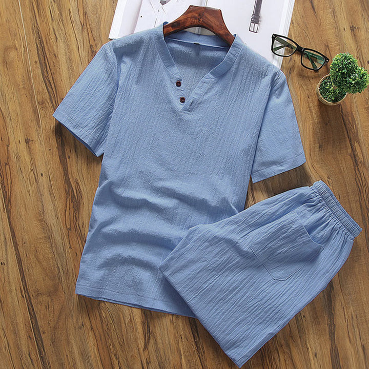 Buddha Stonesカジュアル 2点セット 無地Tシャツ＆ショートパンツ ポケット付き メンズ瞑想服セット - ディープスカイブルー - US/UK/AU46、 EU56 (5XL) - image 8