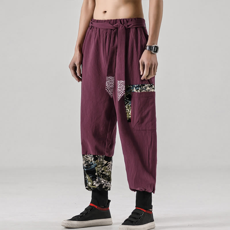 Buddha Stonesと海の波模様のレースアップメンズハーレムパンツ（ポケット付き） - image 18