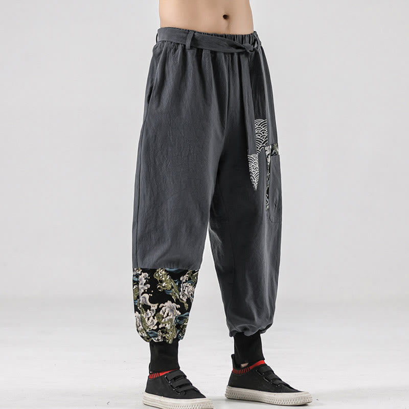 Buddha Stonesと海の波模様のレースアップメンズハーレムパンツ（ポケット付き） - image 27