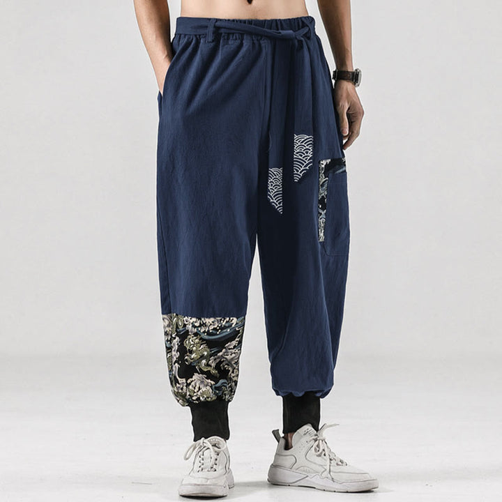 Buddha Stonesと海の波模様のレースアップメンズハーレムパンツ（ポケット付き） - image 30