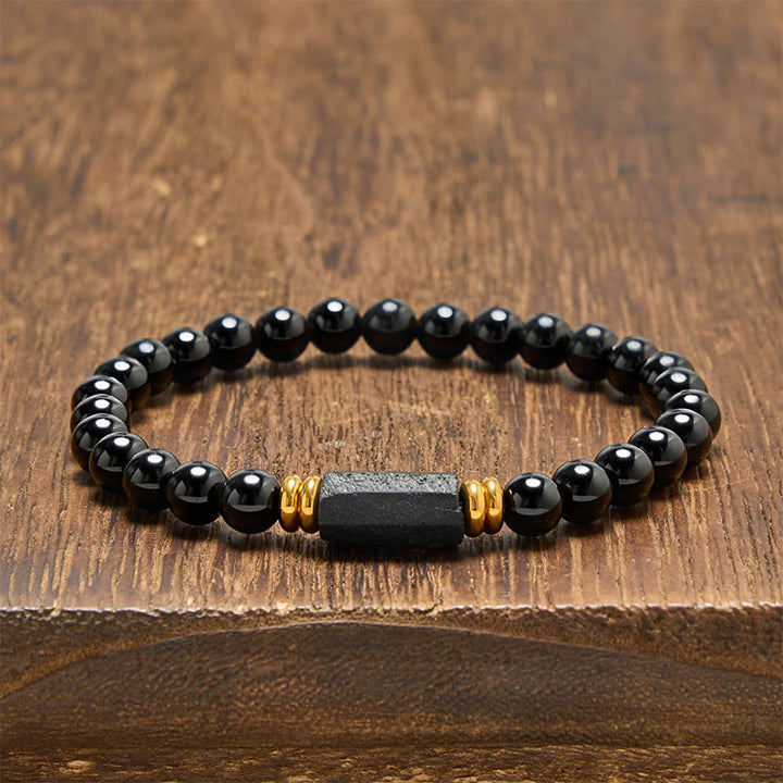 Buddha Stones ブラックオブシディアンとブラックトルマリンのプロテクションミニマリストラウンドビーズブレスレット - 黒曜石＆黒トルマリン（未加工の細長い形状・サイズは様々） - 6mm（手首周り：14～15cm） - image 0