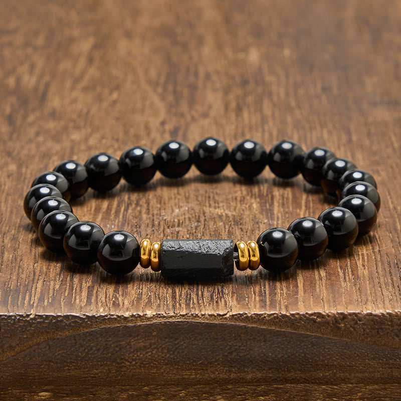 Buddha Stones ブラックオブシディアンとブラックトルマリンのプロテクションミニマリストラウンドビーズブレスレット - 黒曜石＆黒トルマリン（未加工の細長い形状・サイズは様々） - 8mm（手首周り：15～16cm） - image 8