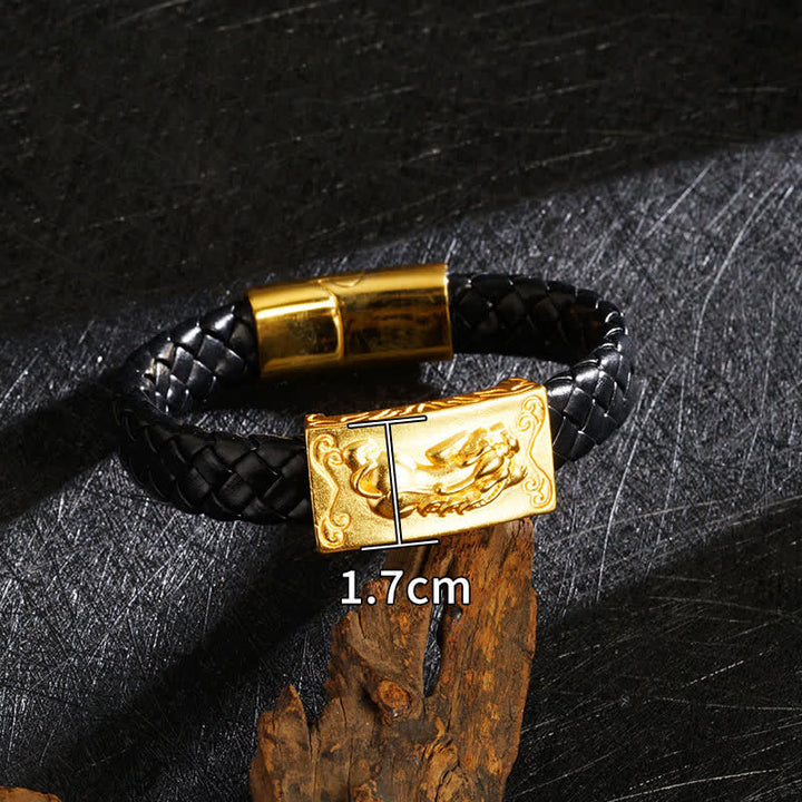 Buddha Stones 編み込みレザーの貔貅（ひきゅうふ）文字入り開運財運ブレスレット - image 1