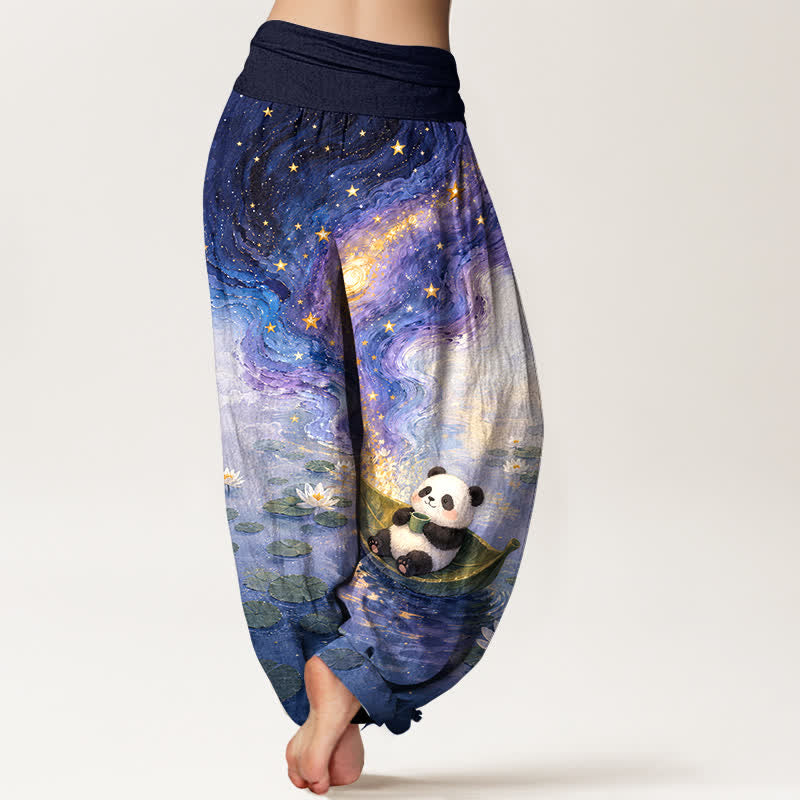 Buddha Stones 純綿素材、星空と蓮の花とパンダ柄、ウエストゴム入りレディースハーレムパンツ - image 1
