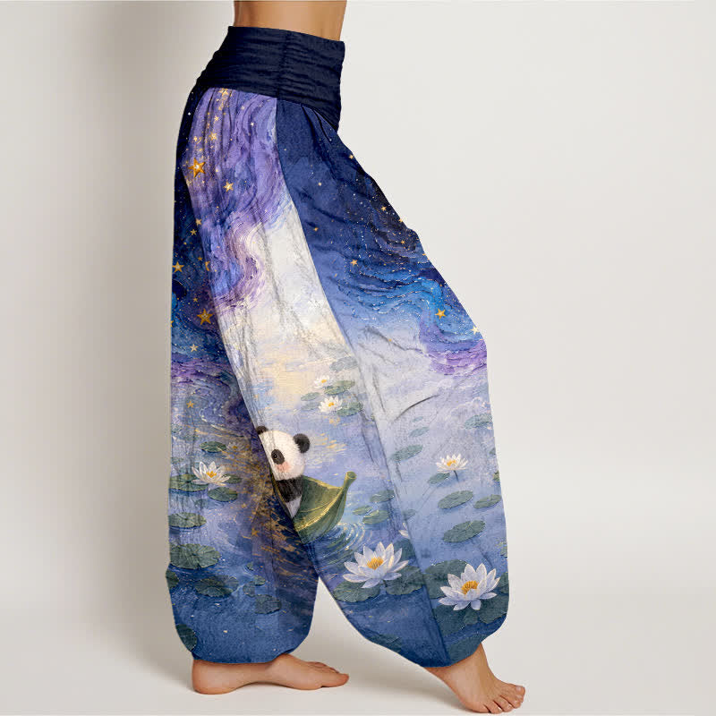 Buddha Stones 純綿素材、星空と蓮の花とパンダ柄、ウエストゴム入りレディースハーレムパンツ - image 2