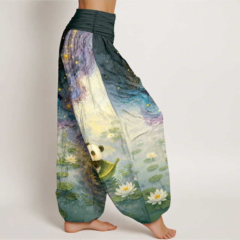 Buddha Stones 純綿素材、星空と蓮の花とパンダ柄、ウエストゴム入りレディースハーレムパンツ - image 7