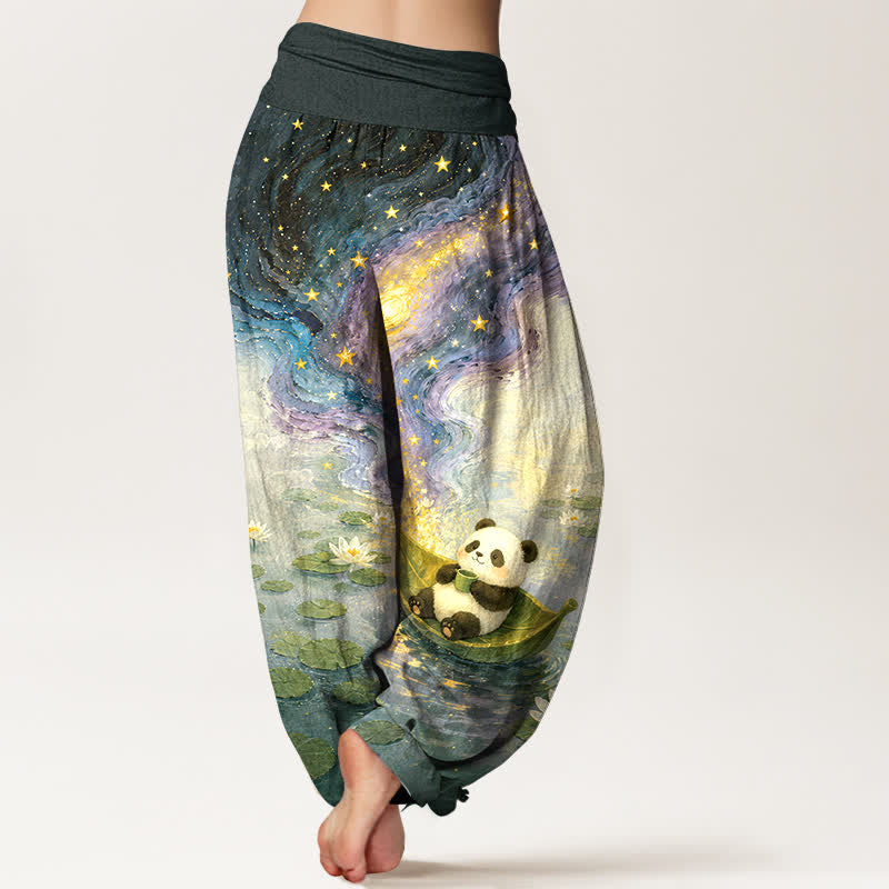 Buddha Stones 純綿素材、星空と蓮の花とパンダ柄、ウエストゴム入りレディースハーレムパンツ - image 6