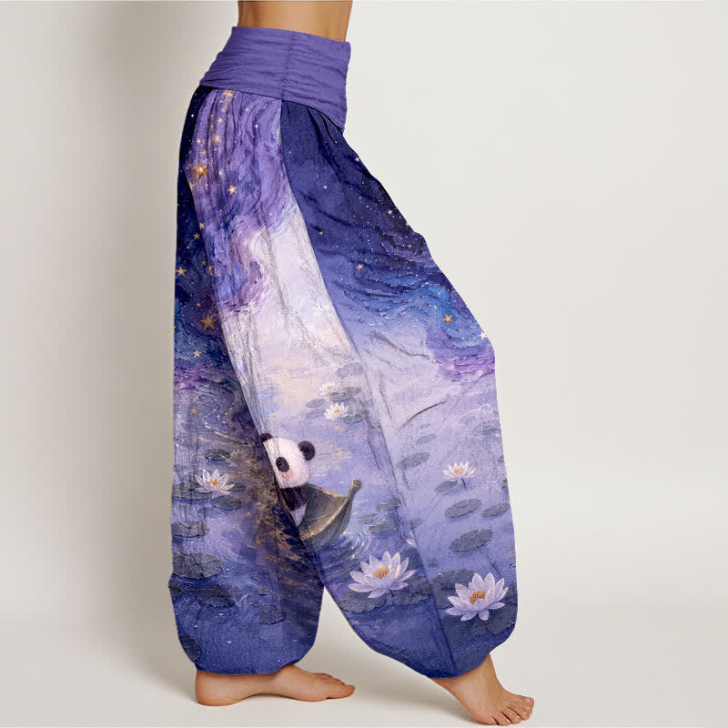 Buddha Stones 純綿素材、星空と蓮の花とパンダ柄、ウエストゴム入りレディースハーレムパンツ - image 10