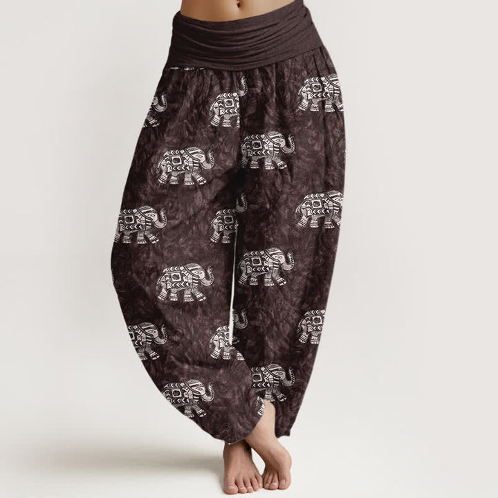 Buddha Stones 純綿素材の白象柄レディースゴムウエストハーレムパンツ - マルーン - US16、 UK/AU20、 EU48 (3XL) - image 0