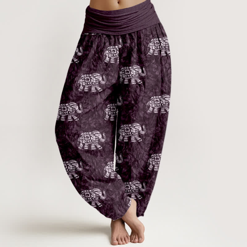 Buddha Stones 純綿素材の白象柄レディースゴムウエストハーレムパンツ - インジゴ - US16、 UK/AU20、 EU48 (3XL) - image 5