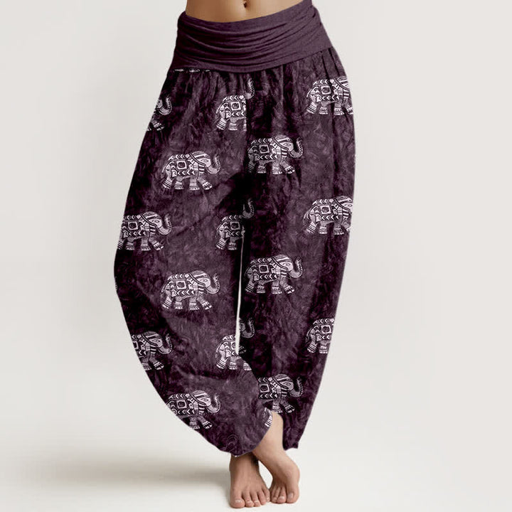 Buddha Stones 純綿素材の白象柄レディースゴムウエストハーレムパンツ - インジゴ - US16、 UK/AU20、 EU48 (3XL) - image 5