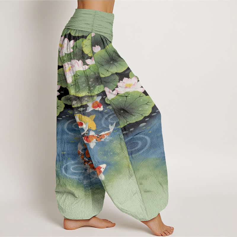 Buddha Stones コットン素材の蓮と鯉の池柄レディースゴムウエストハーレムパンツ - image 2