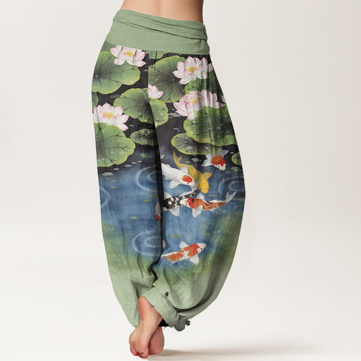 Buddha Stones コットン素材の蓮と鯉の池柄レディースゴムウエストハーレムパンツ - image 1