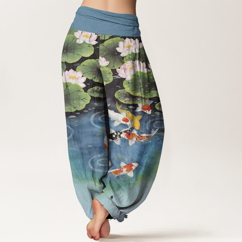 Buddha Stones コットン素材の蓮と鯉の池柄レディースゴムウエストハーレムパンツ - image 6