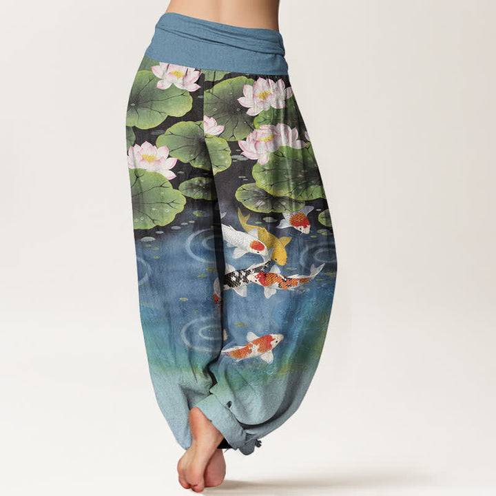 Buddha Stones コットン素材の蓮と鯉の池柄レディースゴムウエストハーレムパンツ - image 6