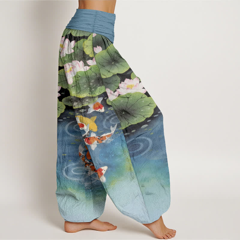 Buddha Stones コットン素材の蓮と鯉の池柄レディースゴムウエストハーレムパンツ - image 7