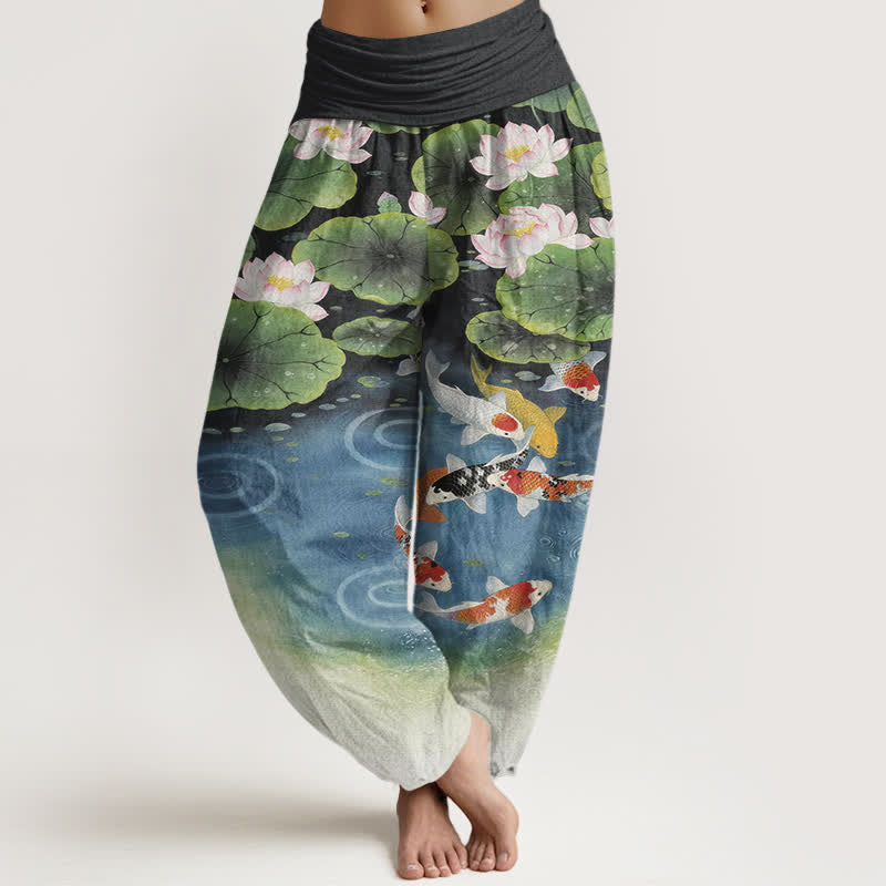 Buddha Stones コットン素材の蓮と鯉の池柄レディースゴムウエストハーレムパンツ - 黒 - US16、 UK/AU20、 EU48 (3XL) - image 8