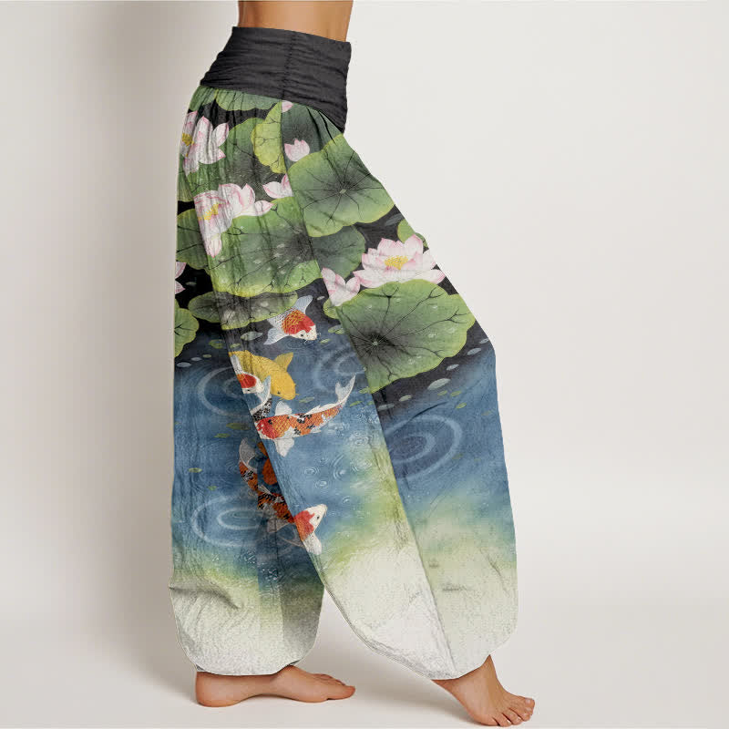 Buddha Stones コットン素材の蓮と鯉の池柄レディースゴムウエストハーレムパンツ - image 10