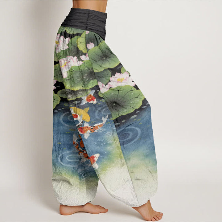 Buddha Stones コットン素材の蓮と鯉の池柄レディースゴムウエストハーレムパンツ - image 10