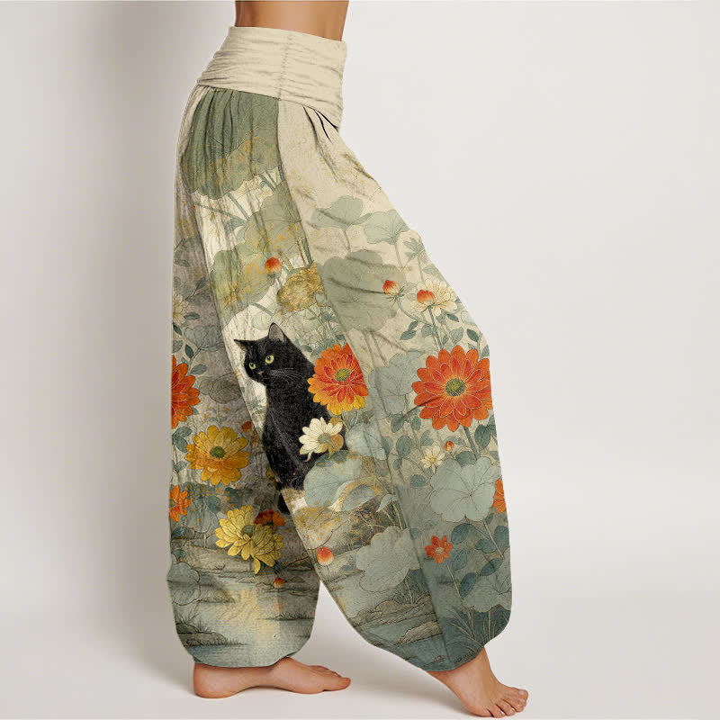 Buddha Stones ピュアコットン ヴィンテージ ブラックキャット 花柄 レディース ゴムウエスト ハーレムパンツ - image 7