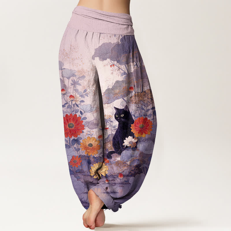 Buddha Stones ピュアコットン ヴィンテージ ブラックキャット 花柄 レディース ゴムウエスト ハーレムパンツ - image 9