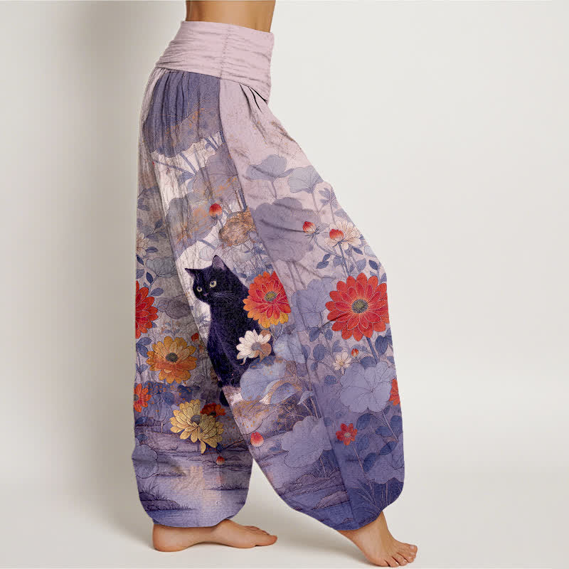 Buddha Stones ピュアコットン ヴィンテージ ブラックキャット 花柄 レディース ゴムウエスト ハーレムパンツ - image 10