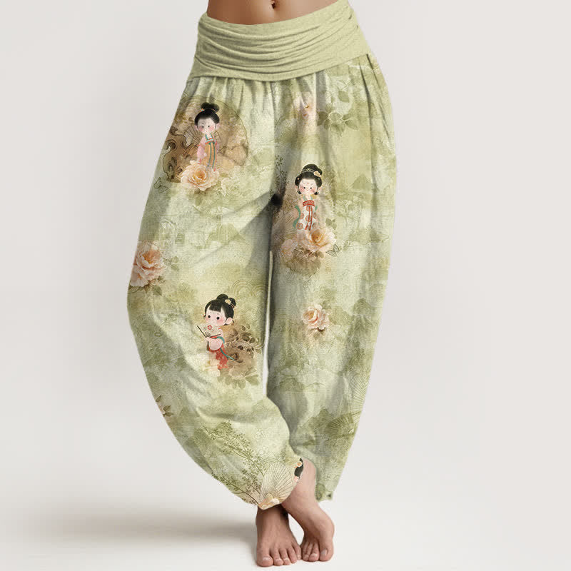 Buddha Stones ピュアコットン ヴィンテージフローラル柄 レディース ゴムウエスト ハーレムパンツ - ダークカーキ - US16、 UK/AU20、 EU48 (3XL) - image 8