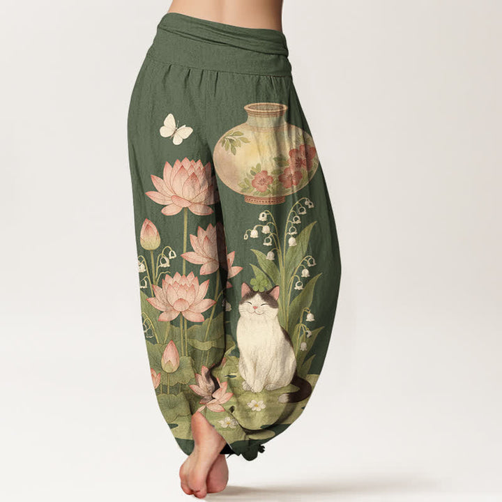 Buddha Stones 純綿素材、蓮猫柄、ウエストゴム入りレディースハーレムパンツ - image 6