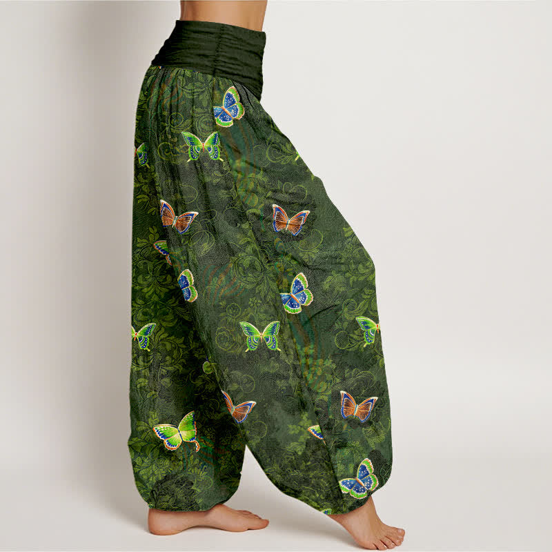 Buddha Stones 純綿素材、蝶と蔓模様のレディース用ゴムウエストハーレムパンツ - image 2