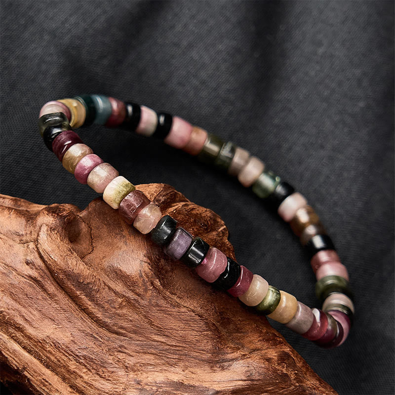 Buddha Stones マルチカラートルマリンの保護ファセットカットタブレットビーズブレスレット - image 1