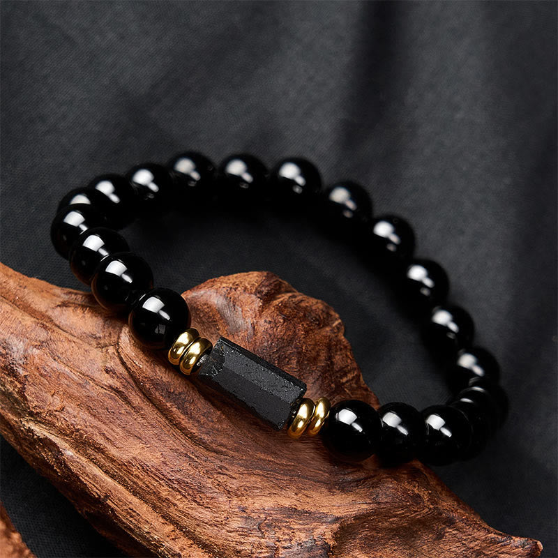 Buddha Stones ブラックオブシディアンとブラックトルマリンのプロテクションミニマリストラウンドビーズブレスレット - image 11