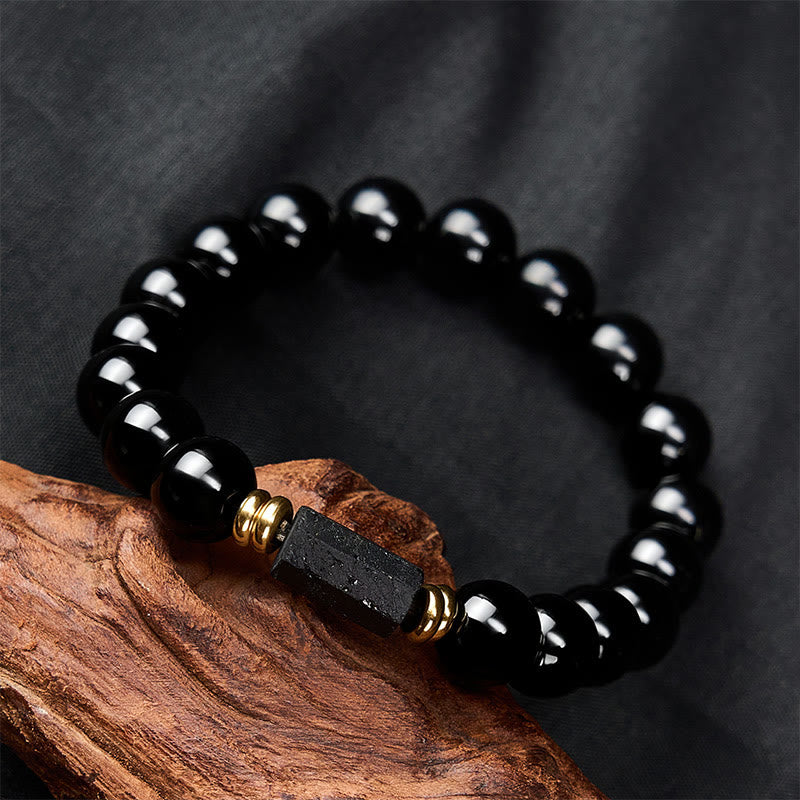 Buddha Stones ブラックオブシディアンとブラックトルマリンのプロテクションミニマリストラウンドビーズブレスレット - image 17