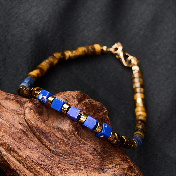 Buddha Stones ラピスラズリとタイガーアイのスクエアビーズブレスレット - image 3