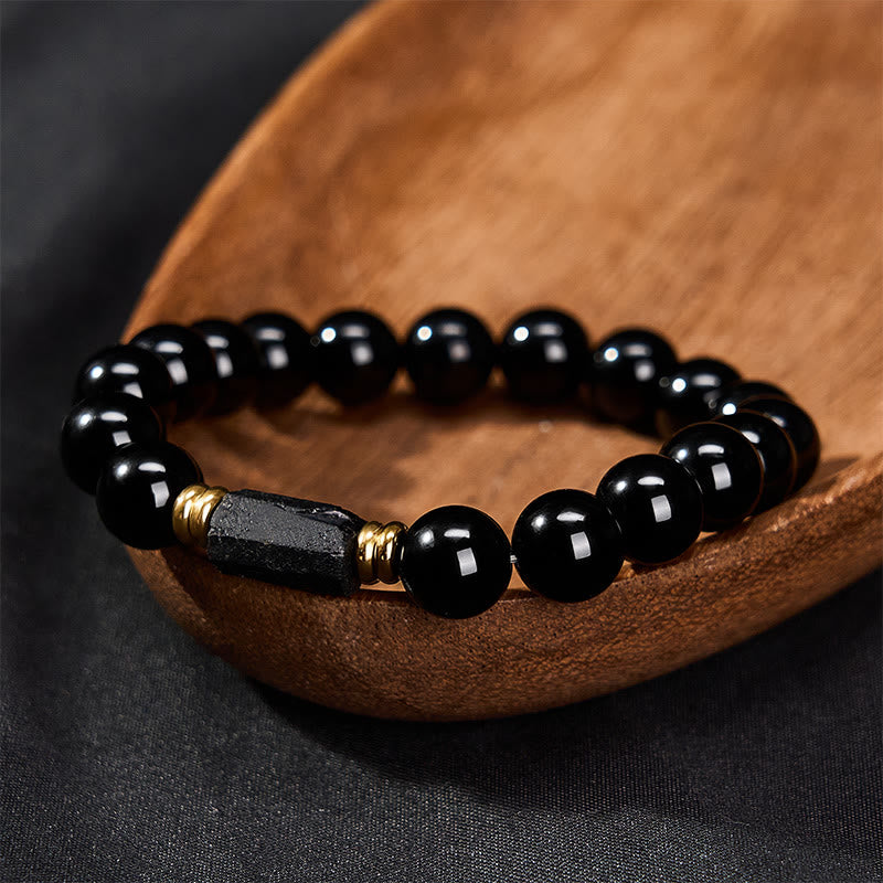 Buddha Stones ブラックオブシディアンとブラックトルマリンのプロテクションミニマリストラウンドビーズブレスレット - image 16