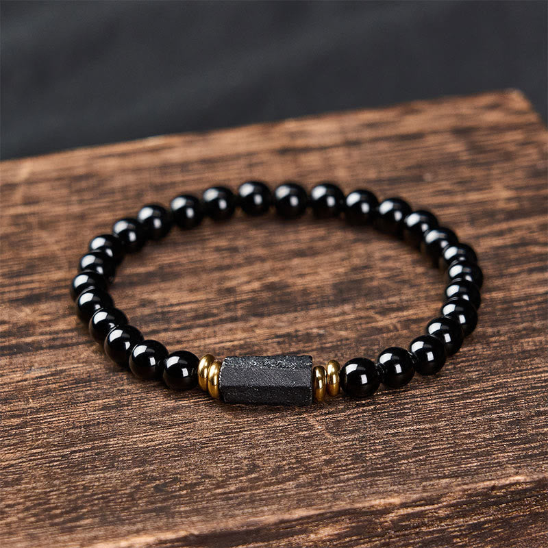 Buddha Stones ブラックオブシディアンとブラックトルマリンのプロテクションミニマリストラウンドビーズブレスレット - image 1