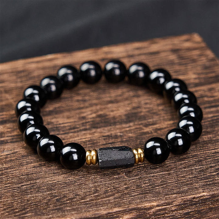 Buddha Stones ブラックオブシディアンとブラックトルマリンのプロテクションミニマリストラウンドビーズブレスレット - image 15