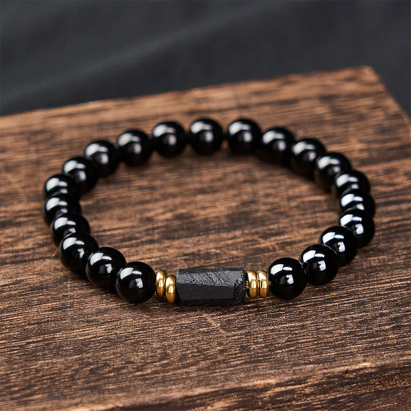 Buddha Stones ブラックオブシディアンとブラックトルマリンのプロテクションミニマリストラウンドビーズブレスレット - image 9