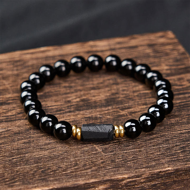 Buddha Stones ブラックオブシディアンとブラックトルマリンのプロテクションミニマリストラウンドビーズブレスレット - image 9