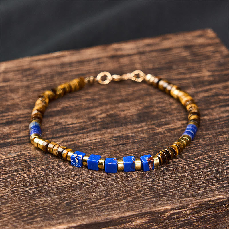 Buddha Stones ラピスラズリとタイガーアイのスクエアビーズブレスレット - image 1