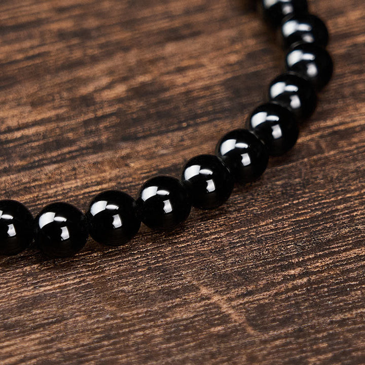 Buddha Stones ブラックオブシディアンとブラックトルマリンのプロテクションミニマリストラウンドビーズブレスレット - image 4