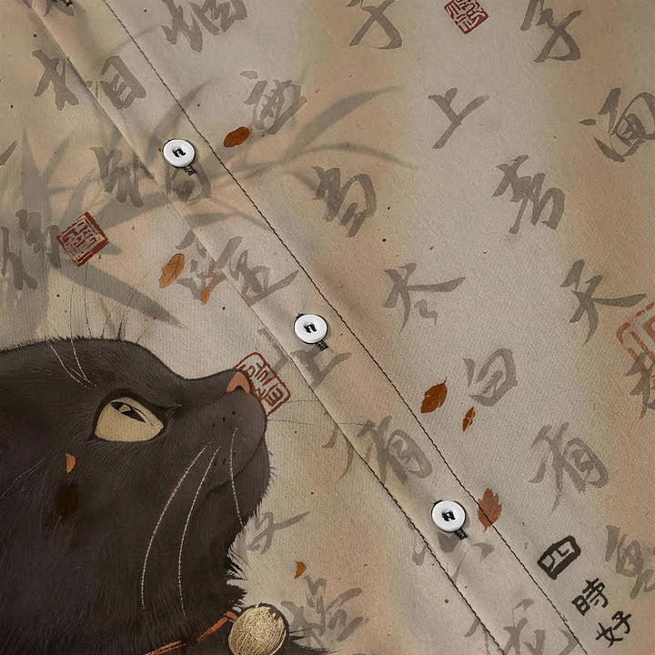 Buddha Stones 黒猫の書道印章柄ボタン付き通気性メンズ半袖シャツ - image 3
