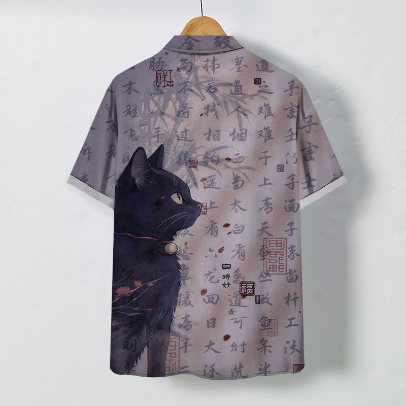 Buddha Stones 黒猫の書道印章柄ボタン付き通気性メンズ半袖シャツ - image 8