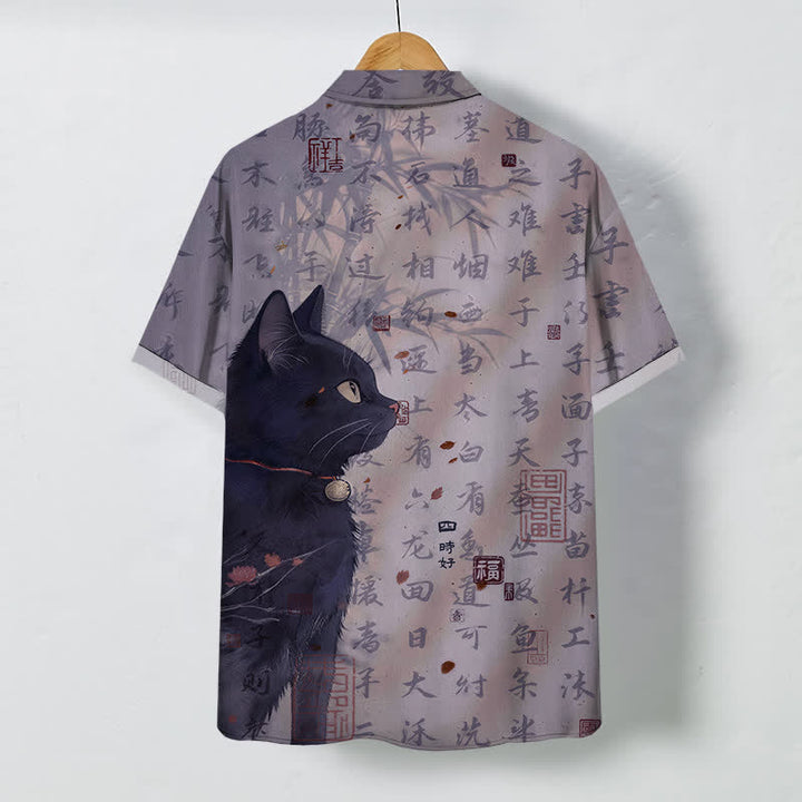 Buddha Stones 黒猫の書道印章柄ボタン付き通気性メンズ半袖シャツ - image 8