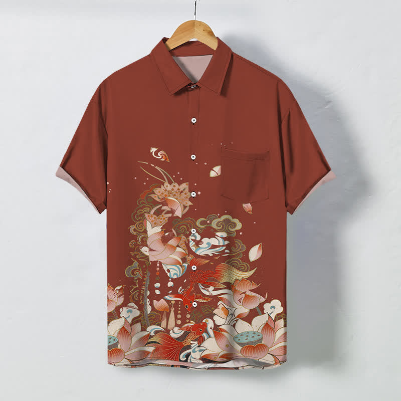 Buddha Stones 蓮と鯉の雲と波模様のボタン付き通気性メンズ半袖シャツ - シエナ - US/UK/AU48、 EU58 (4XL) - image 7
