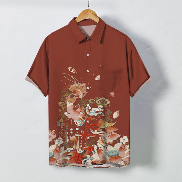 Buddha Stones 蓮と鯉の雲と波模様のボタン付き通気性メンズ半袖シャツ - シエナ - US/UK/AU48、 EU58 (4XL) - image 7