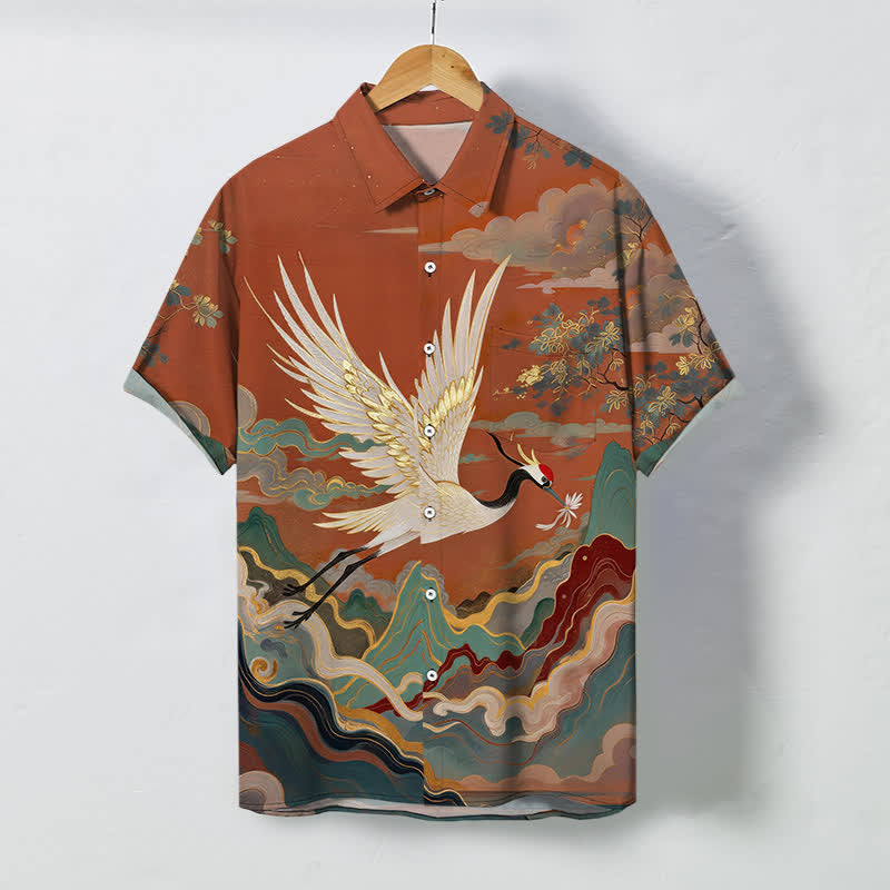 Buddha Stones 飛鶴雲波白花柄ボタン通気性メンズ半袖シャツ - シエナ - US/UK/AU48、 EU58 (4XL) - image 0