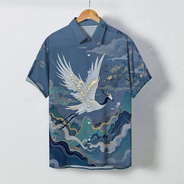 Buddha Stones 飛鶴雲波白花柄ボタン通気性メンズ半袖シャツ - スチールブルー - US/UK/AU48、 EU58 (4XL) - image 5