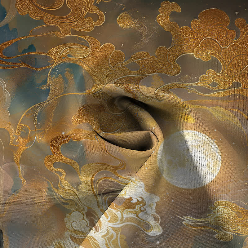 Buddha Stones 霧山と月と雲の模様のボタンが付いた、しわになりにくいメンズ半袖シャツ - image 4