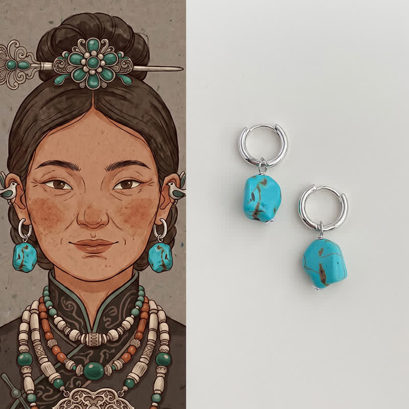 Buddha Stones 手作りの合成ターコイズ製チベット風フープピアス - ターコイズ（銅メッキ、925スターリングシルバー製ポスト） - image 0